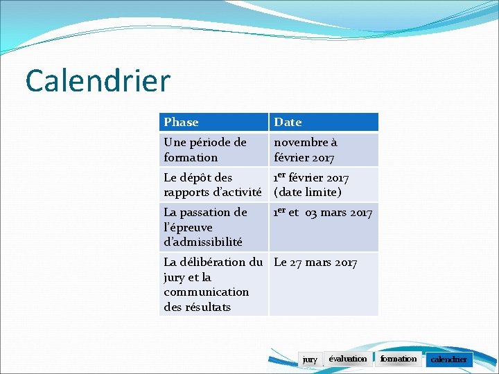 Calendrier Phase Date Une période de formation novembre à février 2017 Le dépôt des