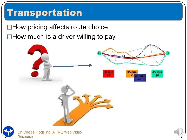 Transportation �How pricing affects route choice �How much is a driver willing to pay