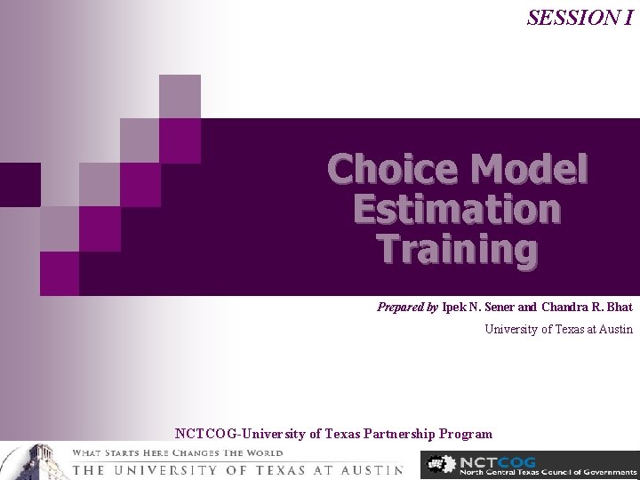 SESSION I Choice Model Estimation Training Prepared by Ipek N. Sener and Chandra R.