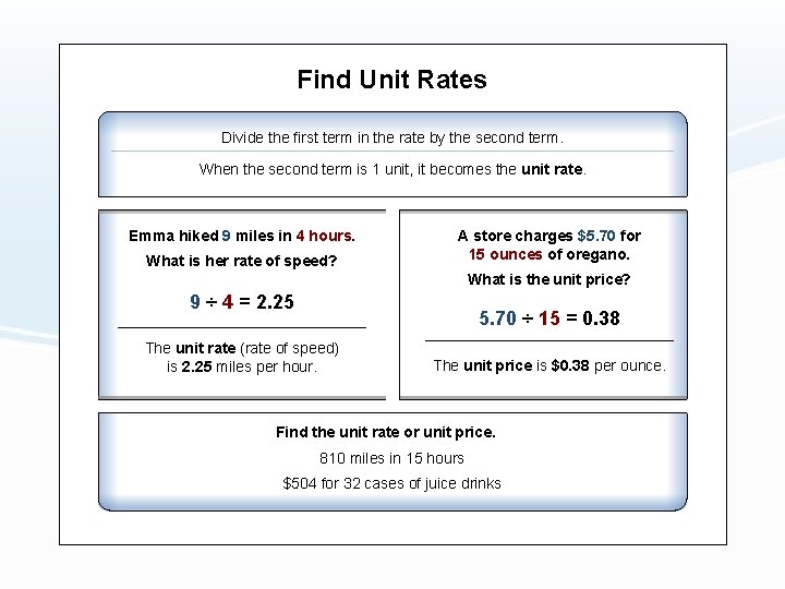 Find Unit Rates Divide the first term in the rate by the second term.