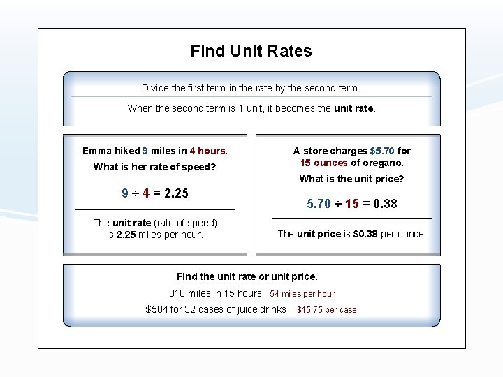 Find Unit Rates Divide the first term in the rate by the second term.