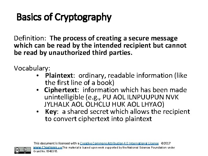 Basics of Cryptography Definition: The process of creating a secure message which can be