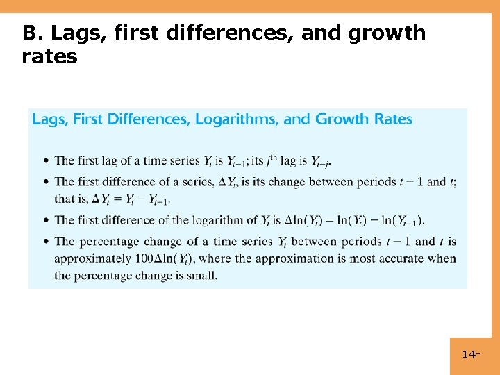 B. Lags, first differences, and growth rates 14 - 