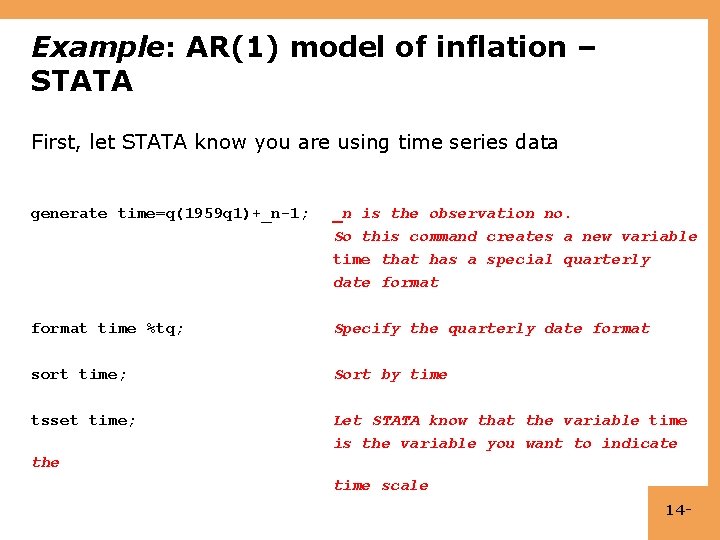 Example: AR(1) model of inflation – STATA First, let STATA know you are using
