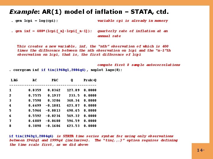 Example: AR(1) model of inflation – STATA, ctd. . gen lcpi = log(cpi); variable