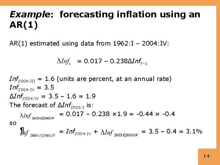 Example: forecasting inflation using an AR(1) estimated using data from 1962: I – 2004: