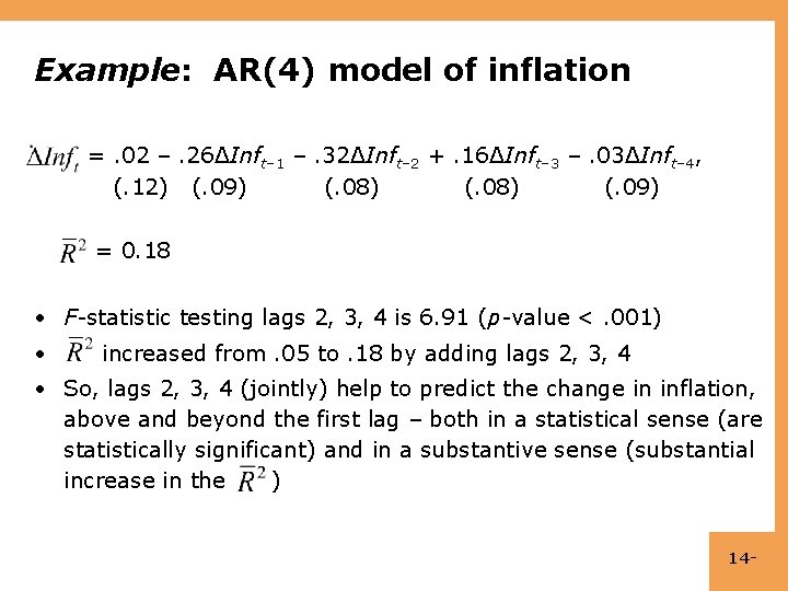 Example: AR(4) model of inflation =. 02 –. 26ΔInft– 1 –. 32ΔInft– 2 +.
