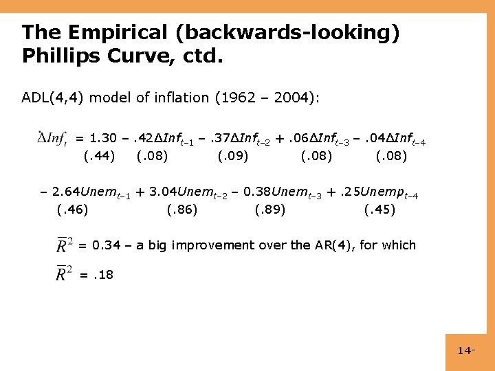 The Empirical (backwards-looking) Phillips Curve, ctd. ADL(4, 4) model of inflation (1962 – 2004):