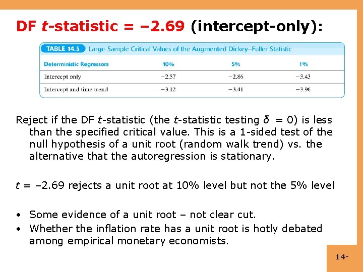 DF t-statistic = – 2. 69 (intercept-only): Reject if the DF t-statistic (the t-statistic