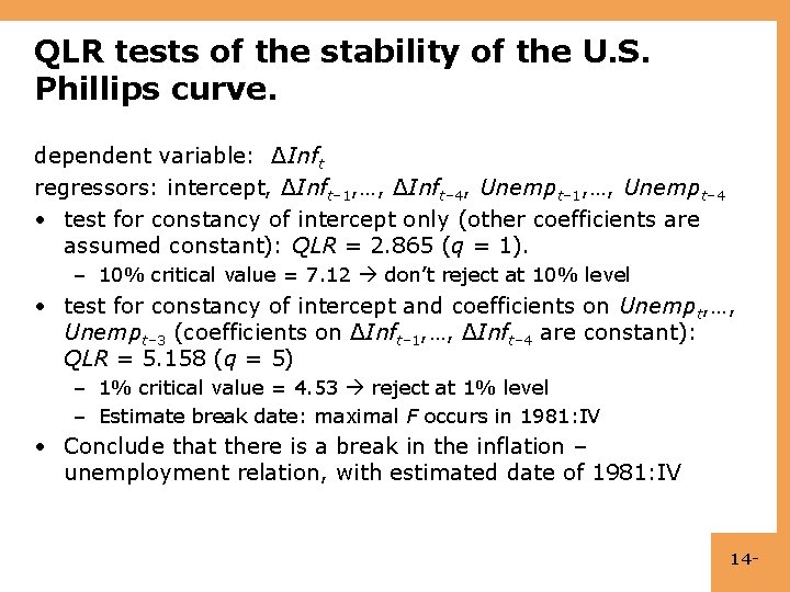 QLR tests of the stability of the U. S. Phillips curve. dependent variable: ΔInft