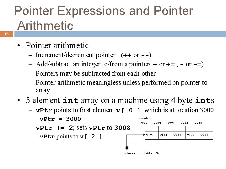 15 Pointer Expressions and Pointer Arithmetic • Pointer arithmetic – – Increment/decrement pointer (++