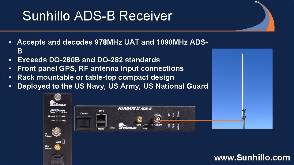 Sunhillo ADS-B Receiver • Accepts and decodes 978 MHz UAT and 1090 MHz ADSB