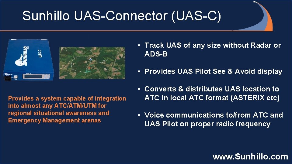 Sunhillo UAS-Connector (UAS-C) • Track UAS of any size without Radar or ADS-B •