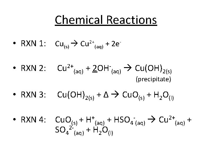 Chemical Reactions • RXN 1: Cu(s) Cu 2+(aq) + 2 e • RXN 2: