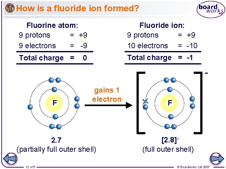 How is a fluoride ion formed? Fluorine atom: 9 protons = +9 9 electrons