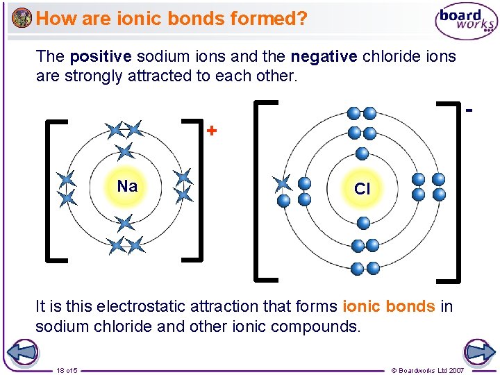 How are ionic bonds formed? The positive sodium ions and the negative chloride ions
