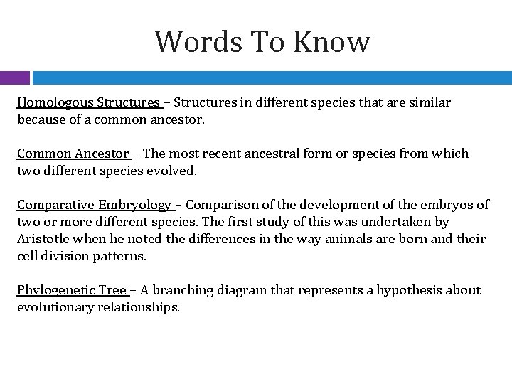 Words To Know Homologous Structures – Structures in different species that are similar because