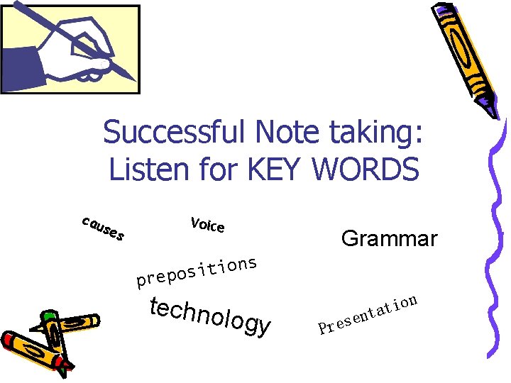 Successful Note taking: Listen for KEY WORDS cau s es Voice Grammar s n