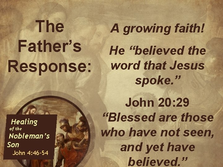 The Father’s Response: Healing of the Nobleman’s Son John 4: 46 -54 A growing