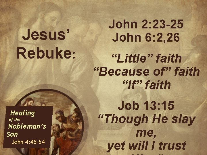 Jesus’ Rebuke: Healing of the Nobleman’s Son John 4: 46 -54 John 2: 23