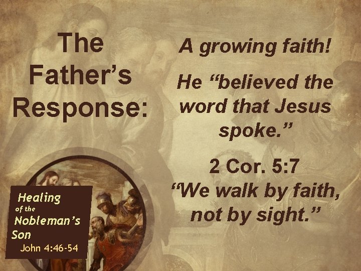 The Father’s Response: Healing of the Nobleman’s Son John 4: 46 -54 A growing