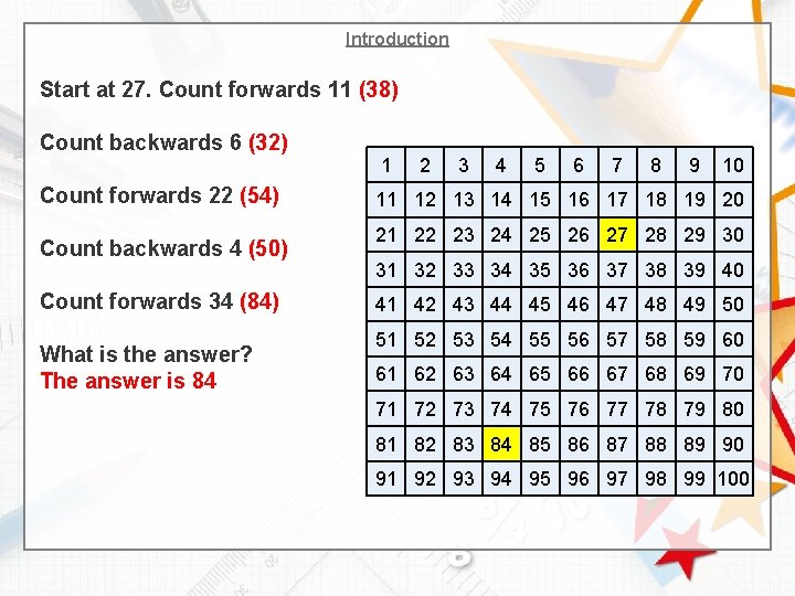 Introduction Start at 27. Count forwards 11 (38) Count backwards 6 (32) Count forwards