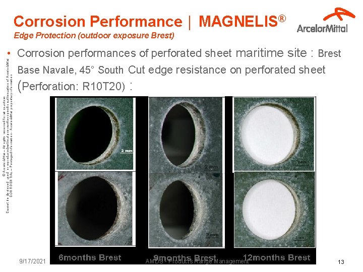 Corrosion Performance │ MAGNELIS® Edge Protection (outdoor exposure Brest) © Arcelor. Mittal – All