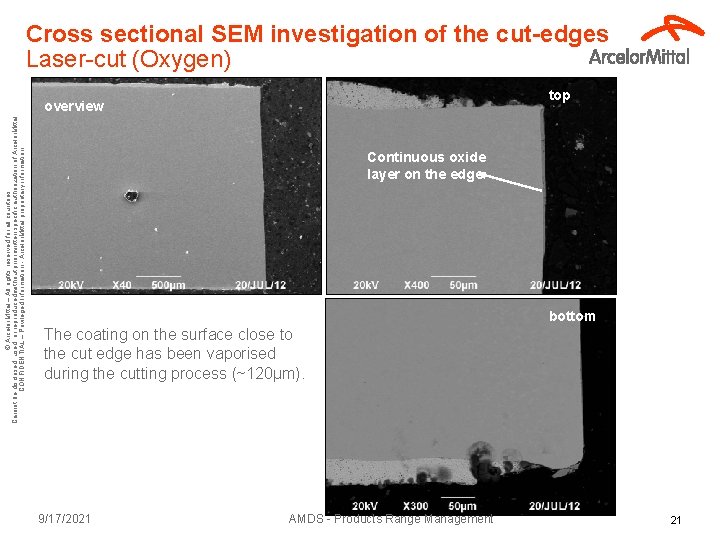 Cross sectional SEM investigation of the cut-edges Laser-cut (Oxygen) top © Arcelor. Mittal –