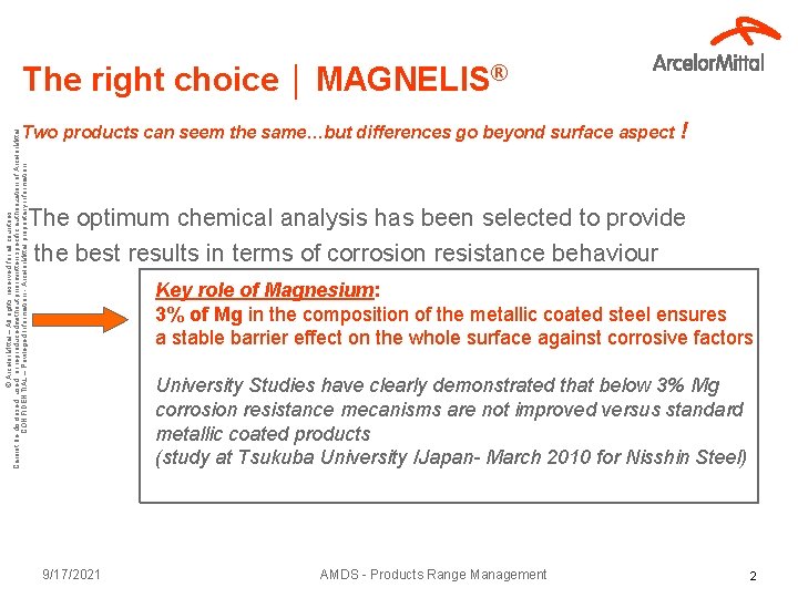 The right choice │ MAGNELIS® © Arcelor. Mittal – All rights reserved for all
