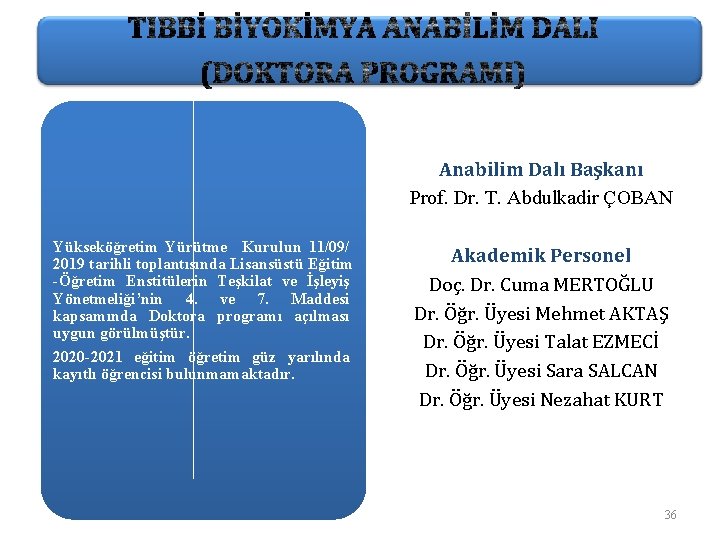 Anabilim Dalı Başkanı Prof. Dr. T. Abdulkadir ÇOBAN Yükseköğretim Yürütme Kurulun 11/09/ 2019 tarihli