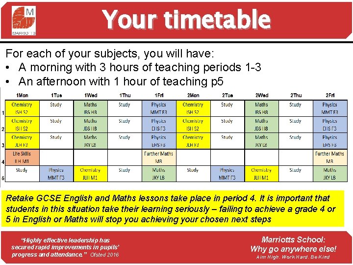 Your timetable For each of your subjects, you will have: • A morning with