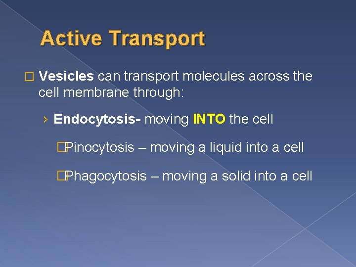 Active Transport � Vesicles can transport molecules across the cell membrane through: › Endocytosis-