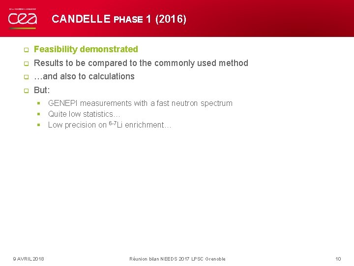 CANDELLE PHASE 1 (2016) q Feasibility demonstrated q Results to be compared to the