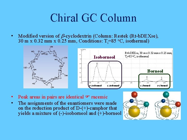 Chiral GC Column • Modified version of b-cyclodextrin (Column: Restek (Rt-b. DEXse), 30 m