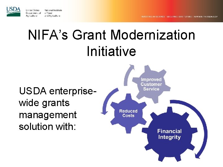 NIFA’s Grant Modernization Initiative USDA enterprisewide grants management solution with: 