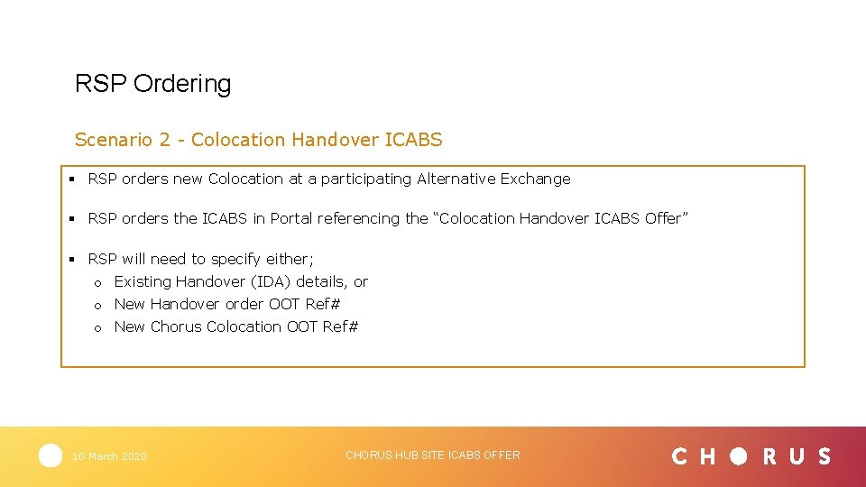 RSP Ordering Scenario 2 - Colocation Handover ICABS § RSP orders new Colocation at