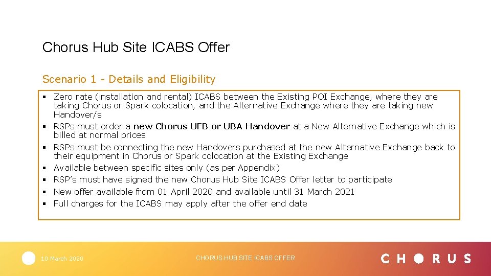 Chorus Hub Site ICABS Offer Scenario 1 - Details and Eligibility § Zero rate