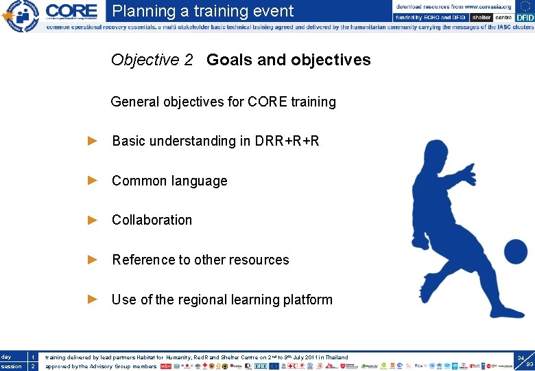 Planning a training event Objective 2 Goals and objectives General objectives for CORE training