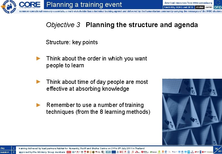 Planning a training event Objective 3 Planning the structure and agenda Structure: key points