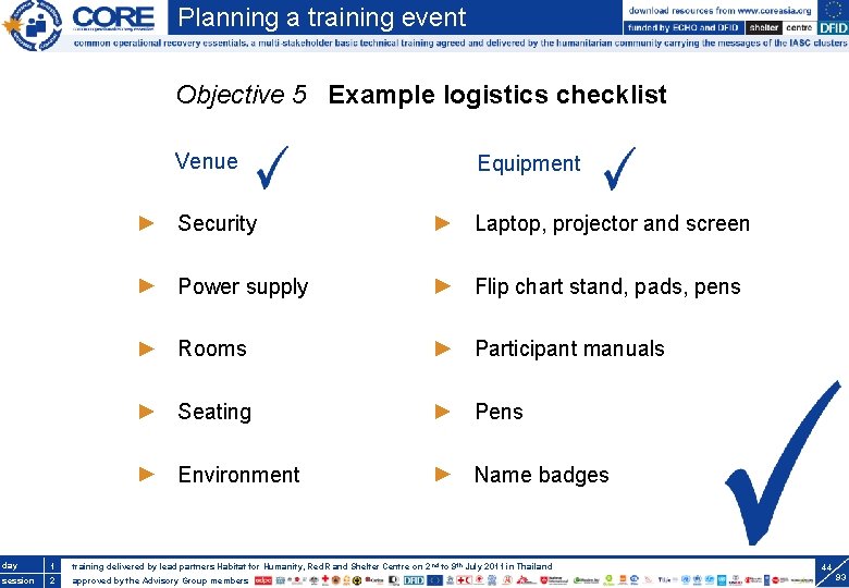 Planning a training event Objective 5 Example logistics checklist Venue Equipment Security Laptop, projector