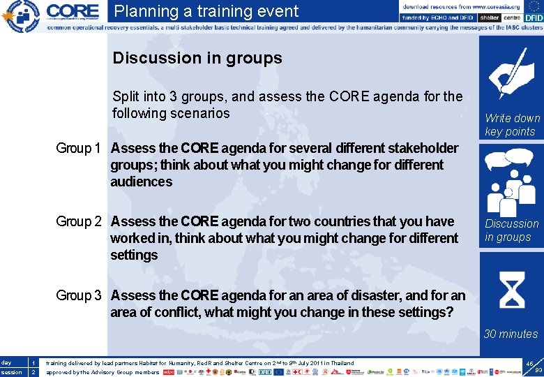 Planning a training event Discussion in groups Split into 3 groups, and assess the