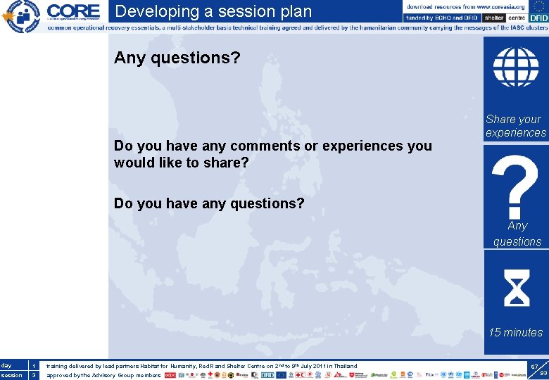 Developing a session plan Any questions? Do you have any comments or experiences you