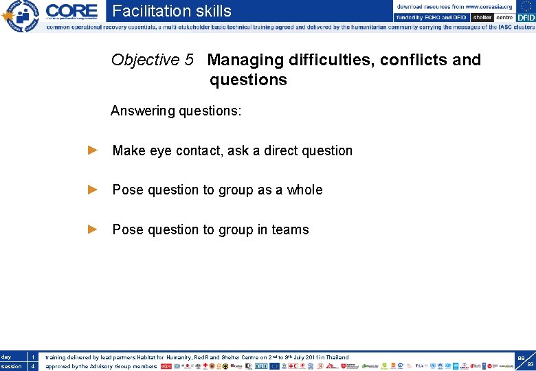 Facilitation skills Objective 5 Managing difficulties, conflicts and questions Answering questions: Make eye contact,