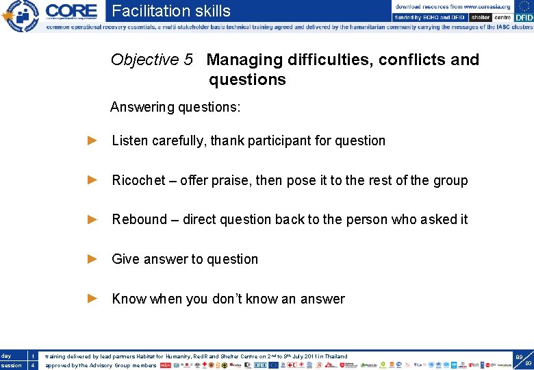 Facilitation skills Objective 5 Managing difficulties, conflicts and questions Answering questions: Listen carefully, thank