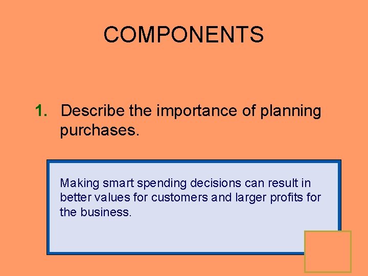 COMPONENTS 1. Describe the importance of planning purchases. Making smart spending decisions can result