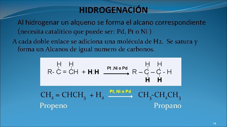 HIDROGENACIÓN Al hidrogenar un alqueno se forma el alcano correspondiente (necesita catalítico que puede