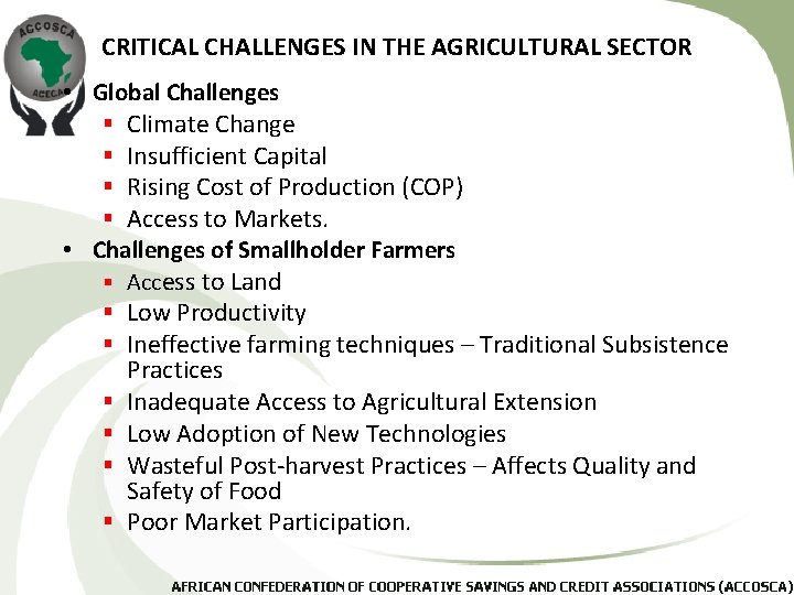 CRITICAL CHALLENGES IN THE AGRICULTURAL SECTOR • Global Challenges § Climate Change § Insufficient