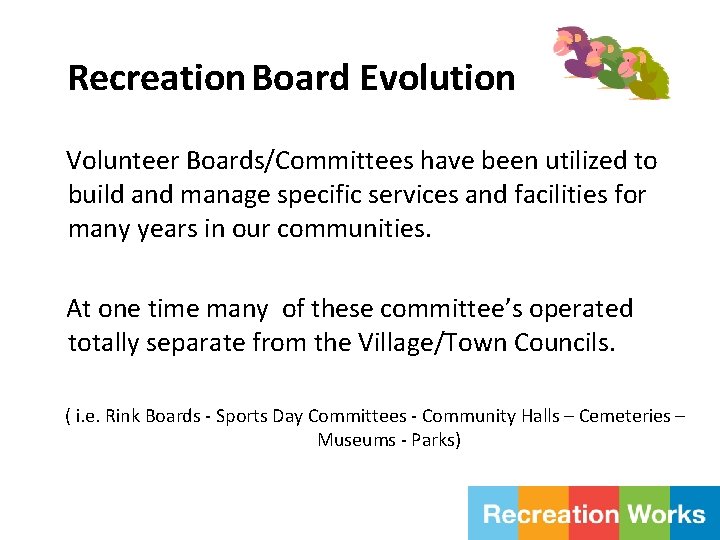 Recreation Board Evolution Volunteer Boards/Committees have been utilized to build and manage specific services