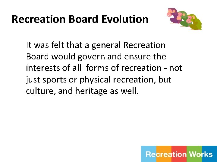Recreation Board Evolution It was felt that a general Recreation Board would govern and