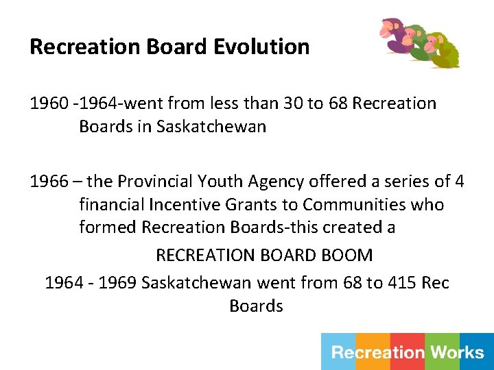 Recreation Board Evolution 1960 -1964 -went from less than 30 to 68 Recreation Boards